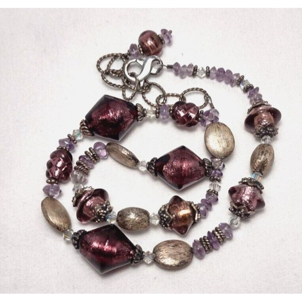 Sterling Silver Glass Necklace Crystal Amethyst Murano Art Studio Piece